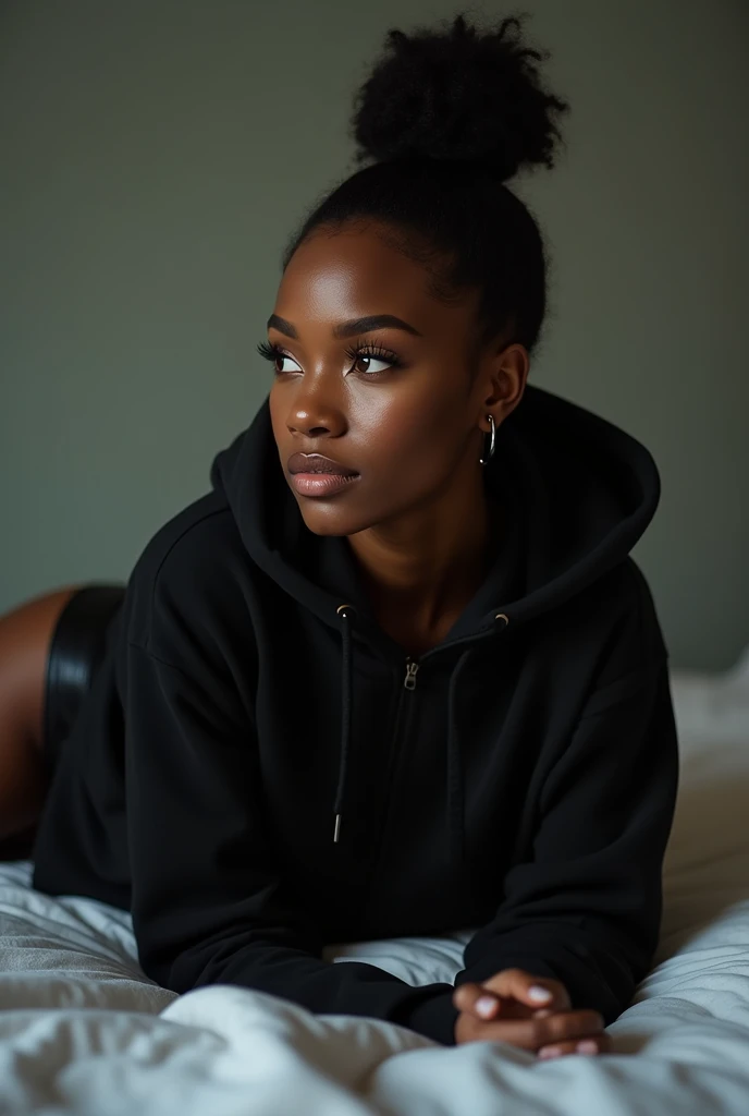 black woman hair in a bun black hoodie black leather short shorts laying on her belly in the bed