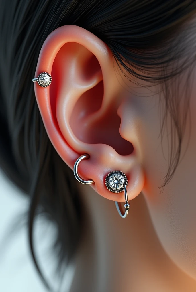 An ear with a shiny Daith and Tragus piercing