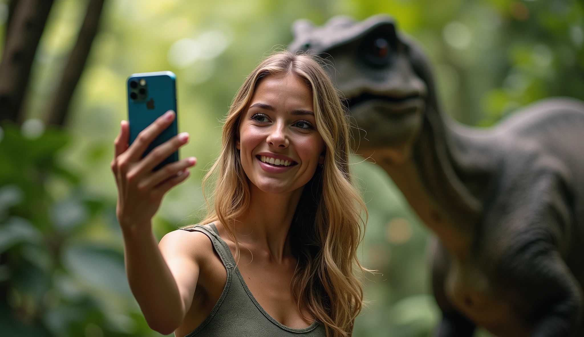 (((young french woman taking a selfie with her iphone-15))), 100.000 years ago, inside the jungle with dinosaurs, High resolution,sharp focus,(ultra detailed,extremely detailed),(((vibrant colors,vibrant theme))),(Intricate),(masterpiece),(Best Quality), (((it's not a painting))), (((realistic photo)))