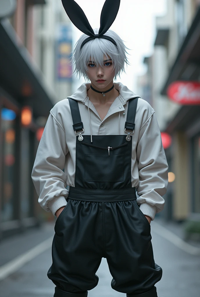Man 20 years old white hair black eyes dark black pants bunny girl clothes bow on head