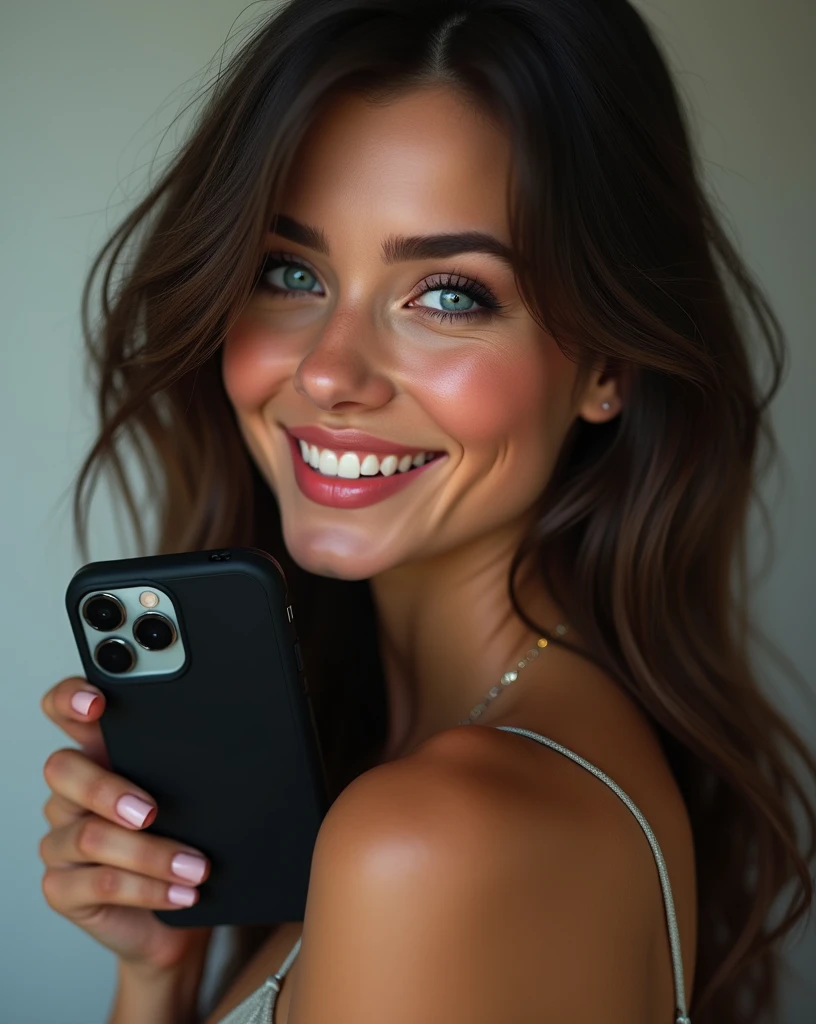 A woman with a moderate height, super realistic, about 1.65 meters, with a slim and toned body. Hair would be dark, almost black, with dark brown highlights, and it would be long and loose,. eyes would be a deep blue color, almost turquoise, with a warm and welcoming look. Skin would be brown, with a warm and natural tone. Smile would be wide and sexy. A small scar on the upper lip. More feminine proportions, holding iphone with black case