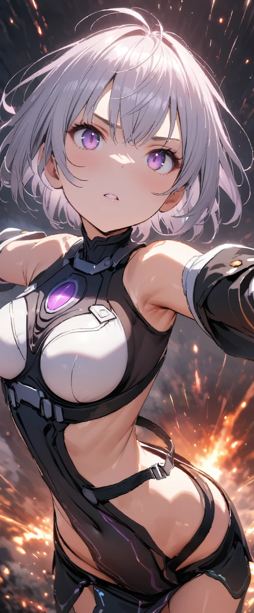 ((masterpiece, highest quality, Highest image quality, High resolution, photorealistic, Raw photo, 8k)), ((Extremely detailed CG unified 8k wallpaper)), (huge stunning goddess shot, very hot and sexy, jaw-dropping beauty, perfect proportions, beautiful body, slim body beauty:1.1), cryptic girl, 2 girl, Long silver hair, two braids, big eyes staring at the camera in a dynamic pose.、Beautiful breasts