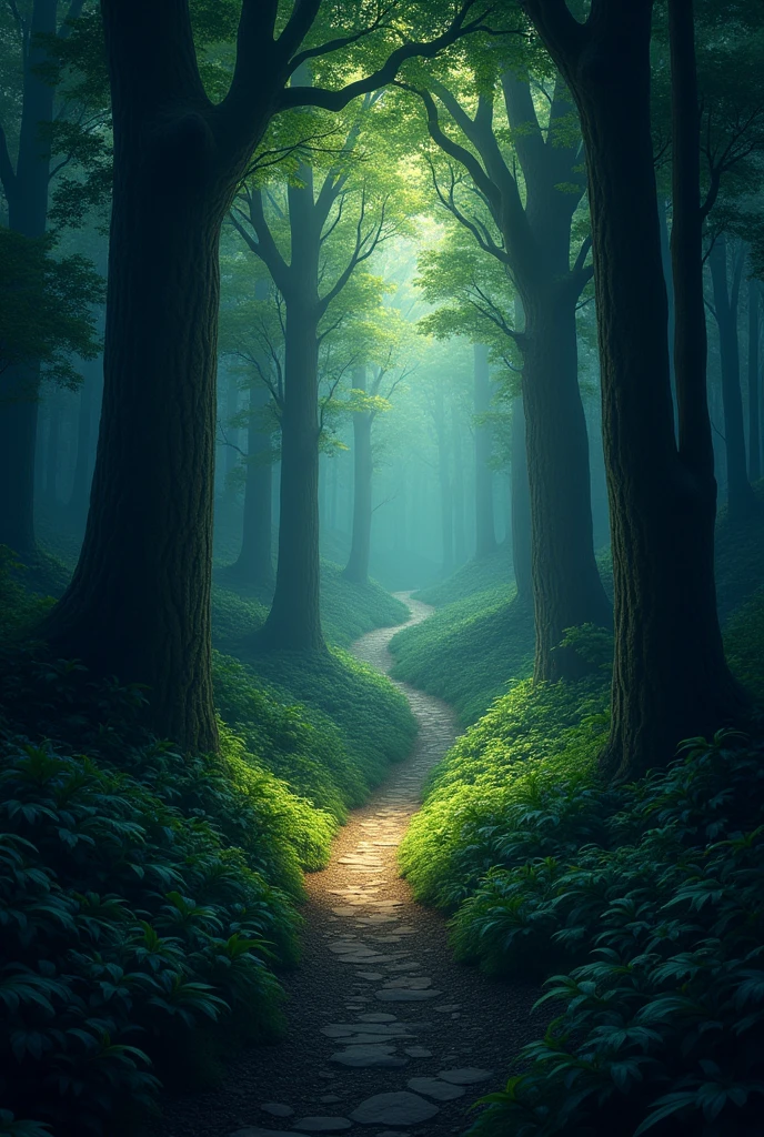 Dense Forest Path: A narrow, winding path through a dense, shadowy forest with thick foliage and dim sunlight filtering through the trees. Size 16.9