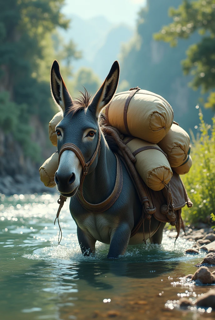 A donkey with many sacks on his back went to drink water by a river, suddenly the donkey sat down in the water