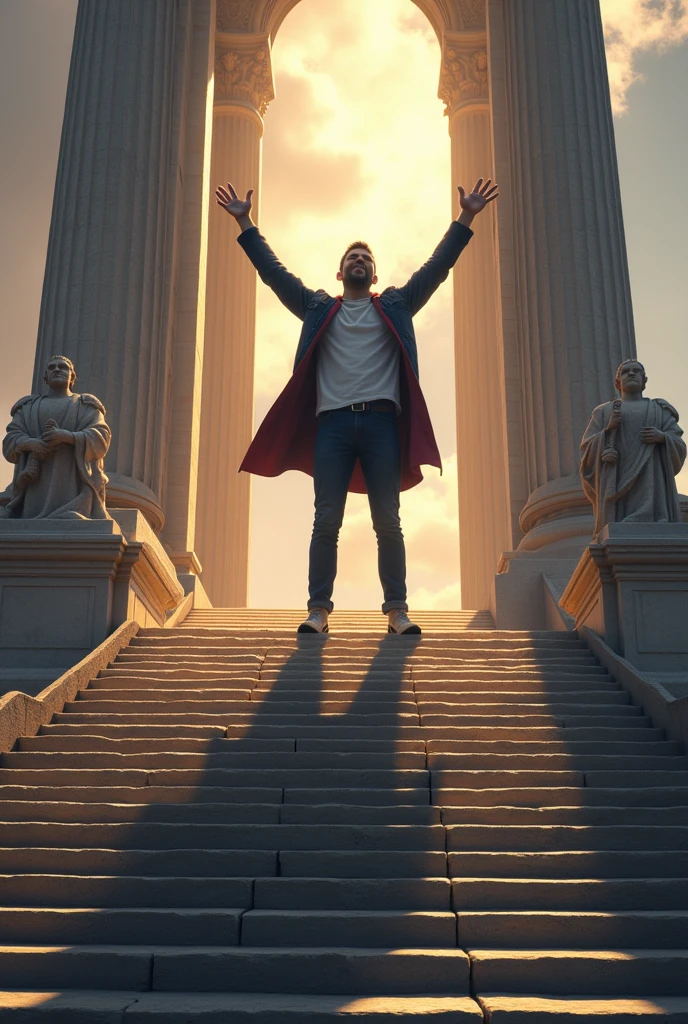 a man celebrating victory on top of a monument&#39;s steps