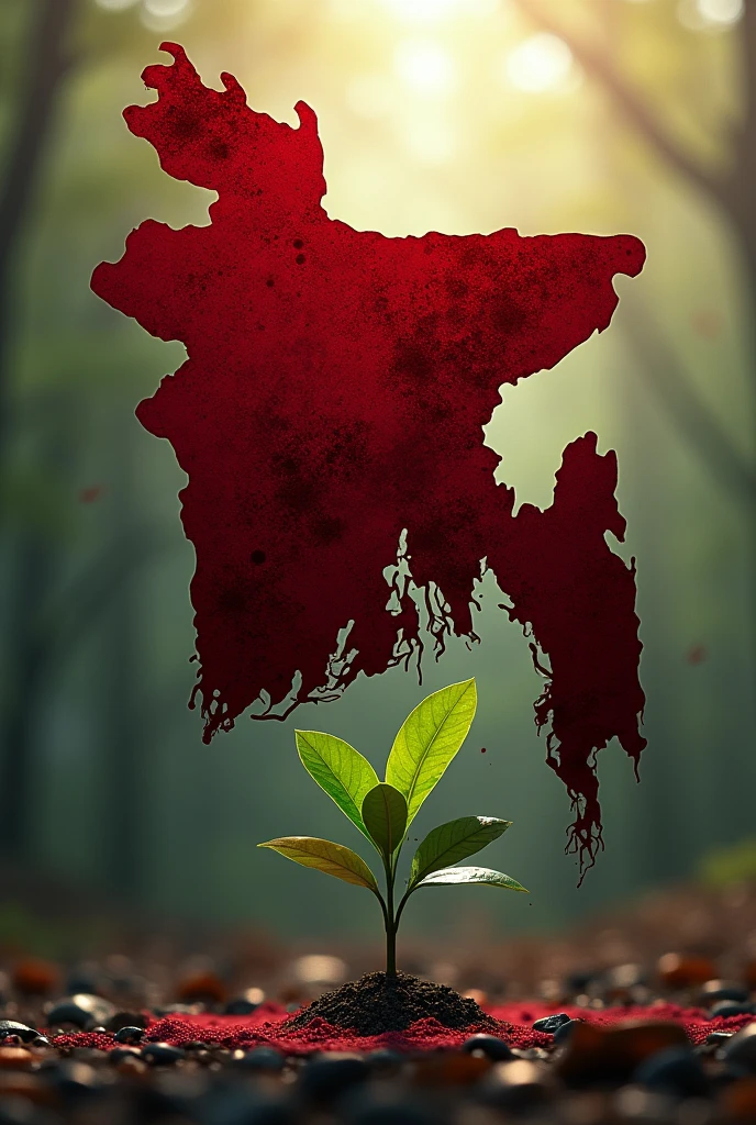 From the right side, the bloody map of Bangladesh is covered with blood on a tree sapling, and on the left, sunlight is falling on the sapling.