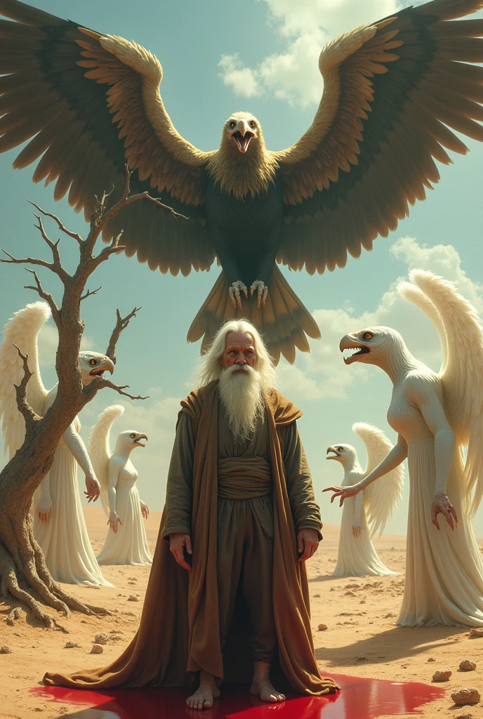Trees in the desert under angels drinking blood and an angry eagle behind him with an old man with a white beard
