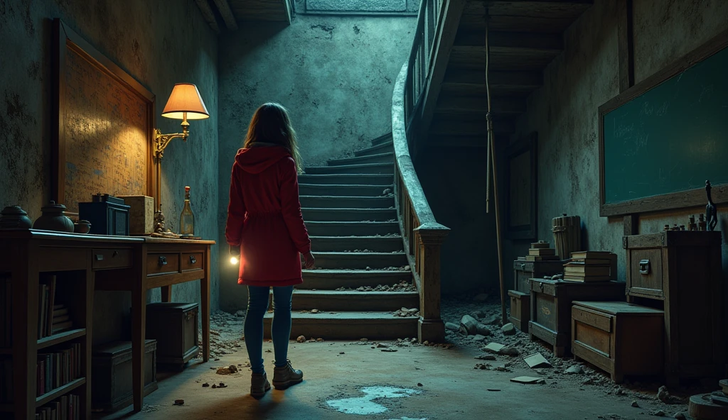 (As she explores the building, she finds a hidden staircase leading underground. She follows it down to a dark, musty basement filled with old university relics and forgotten artifacts.) maya seed is 1342503350, wearing red long shirt jacket with blue jean and holding glashlight