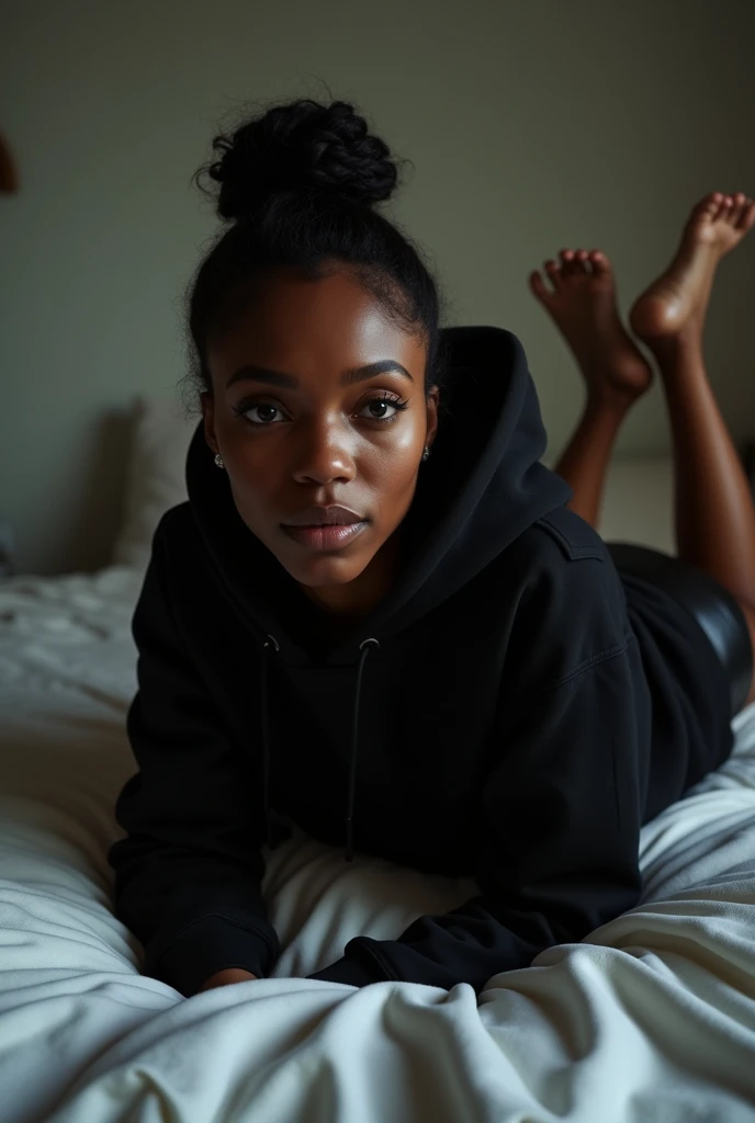black woman hair in a bun black hoodie black leather short shorts laying on her belly in the bed
