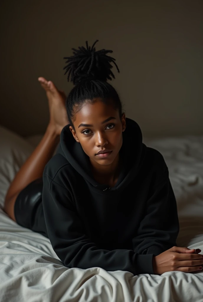 black woman hair in a bun black hoodie black leather short shorts laying on her belly in the bed
