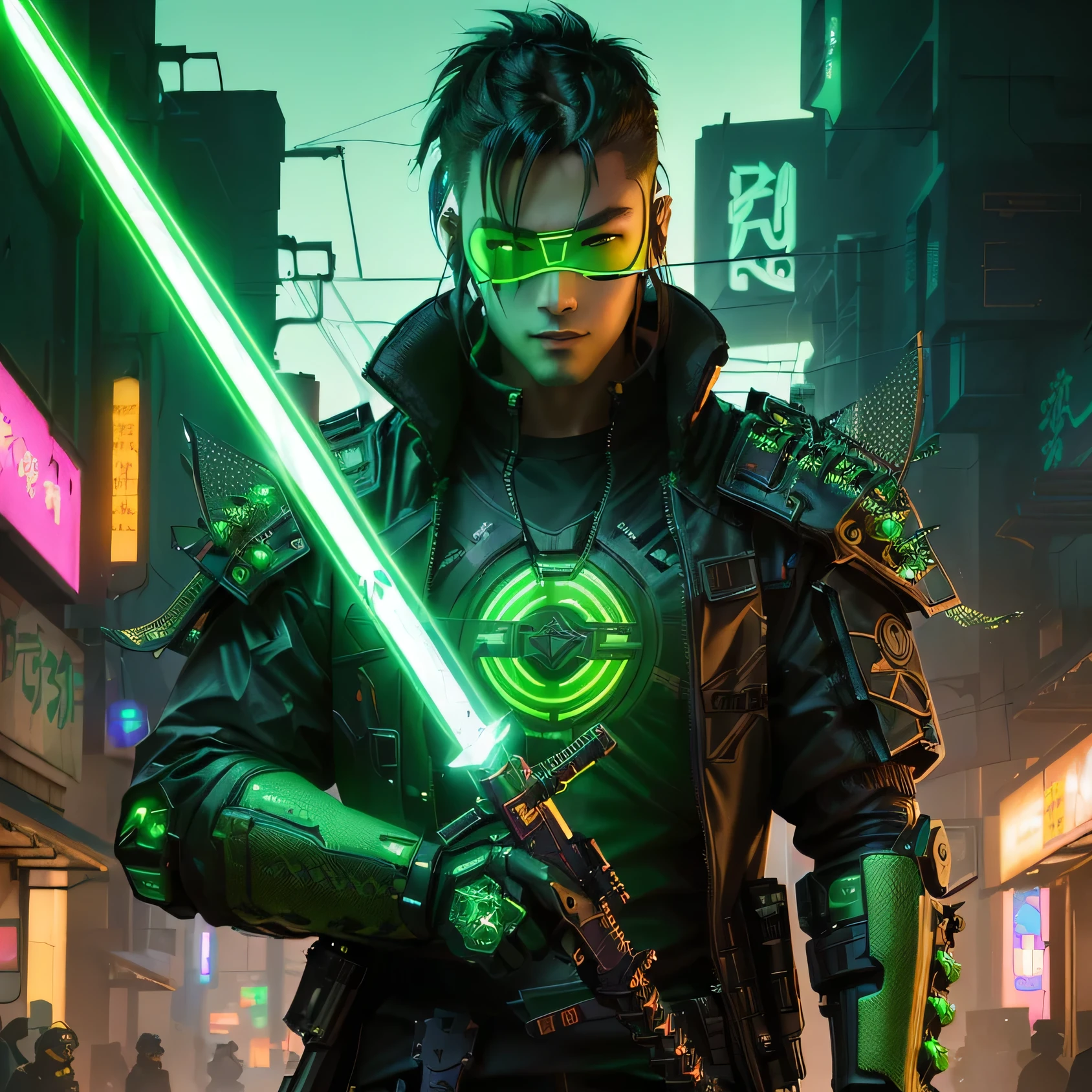 cyber - punk man with green glowing sword in city street, cyberpunk hero, bright cyberpunk glow, cyberpunk dude, cyberpunk samurai, cyberpunk character art, cyberpunk with neon lighting, portrait of a cyberpunk samurai, cyberpunk knight, cyberpunk street goon, fantasy cyberpunk, has cyberpunk style, cyberpunk character, cyberpunk dark fantasy art, cyberpunk assassin, cyberpunk art style, shadowrun splash art