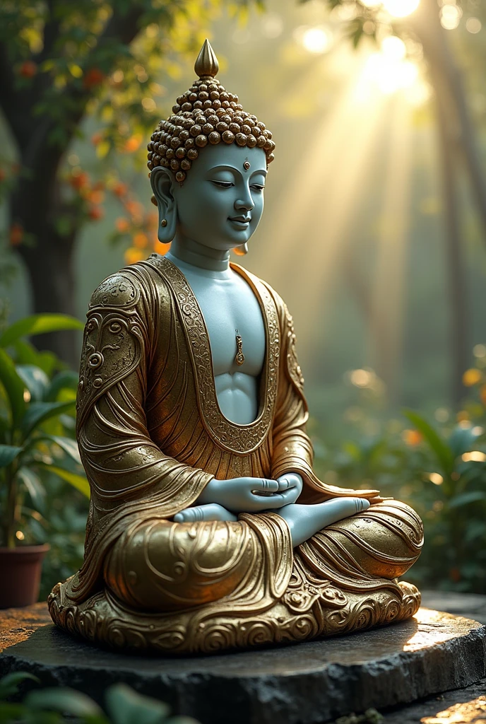 digital buddha statue with visible circuits, highly detailed, hyper realistic, intricate details, glass, shiny, reflective, glowing aura, dramatic lighting, cinematic composition, serene expression, peaceful meditation pose, ornate decorations, gold accents, natural environment, lush foliage, sunbeams, photorealistic, 8k, masterpiece, cs-m3tal-ok_v06-1000