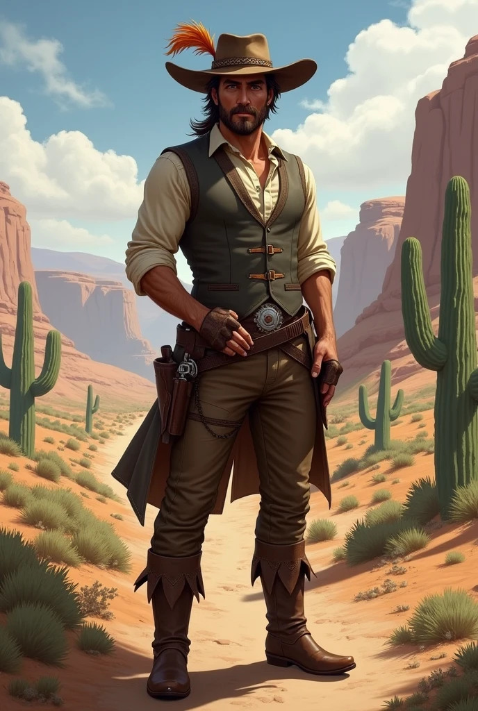 He has combed brown hair and a slightly unkempt beard. His eyes are brown. Use John Marston from Red Dead Redemption as a reference, with a vest and rolled up sleeves. He wears a hat with a feather. He has both hands behind his back in a soldier pose. He is American, with a strong sense of brotherhood, and wears regular pants and boots with spurs. I would like the art to be in a fantasy RPG style, set in the Old West.