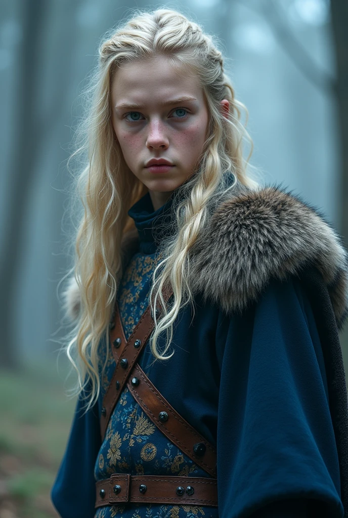 Boy , tall, Boy with feminine features, ((( blue + black outfit) Norse warriors clothes,long blond hair, detailed face, detailed blue beautiful eyes, traditional Norse outfit, full body photo (intricate:1.3), (arcane aura:1.2), (dreamlike:1.3), (subtle mist:1.1),(vibrant colors:1.2), (detailed hair:1.3), (ultra realistic details:1.5)