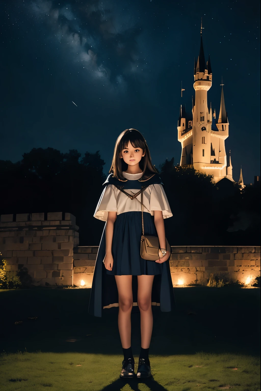 night sky, castle, 1girl, standing, solo, full body, , maribe, puffy short sleeves, cape, bag