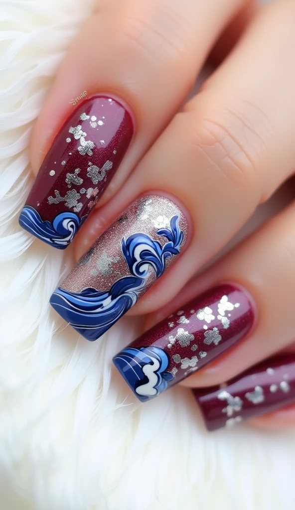 Create a Asian blue and white style nail design in wine colors in an square shape with a white background with realistic fingers