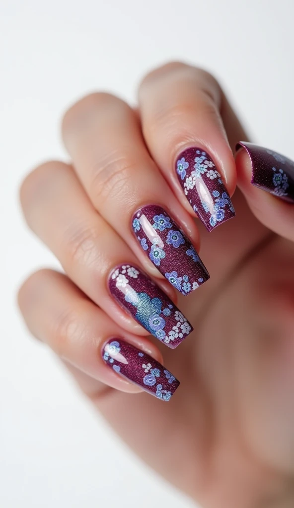 Create a Asian blue and white style nail design in wine colors in an square shape with a white background with realistic fingers
