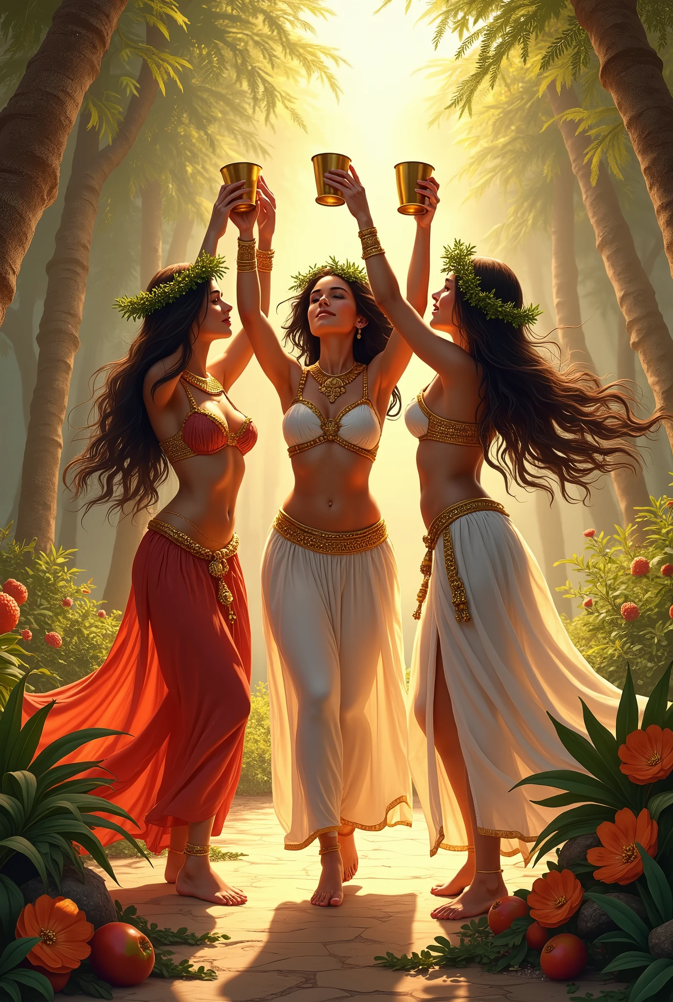 
"A hyper-realistic depiction of the Apsaras, the celestial nymphs of Hindu and Buddhist mythology, exuding irresistible seduction and ethereal beauty. They are portrayed as stunning, graceful and very sexy figures, with lithe and delicate bodies, except for Her Big breasts and ass, that seem to float effortlessly in the air, big breasts and butt. Their skin glows with a soft, golden hue, almost translucent, highlighting their divine origin. Each Apsara has large, almond-shaped eyes that sparkle with mischief and allure, their gaze both inviting and mysterious. Their lips are full and slightly parted, as if about to whisper a secret, adding to their seductive charm.

Their long, flowing hair, black as the night and lustrous, cascades down their backs in waves, adorned with intricate floral garlands that shimmer with gold and jewels. They are dressed in elegant, flowing silks that cling to their forms, accentuating their curves while leaving just enough to the imagination. The fabrics are richly colored, in deep reds, golds, and purples, embroidered with delicate patterns that catch the light as they move.

The Apsaras are surrounded by an otherworldly glow, their movements fluid and hypnotic, as they dance gracefully through the air. Around them, the scene is set in a lush, heavenly garden, filled with exotic flowers and flowing streams, enhancing the dreamlike quality of their presence. Every detail of their appearance and environment emphasizes their divine beauty and the seductive allure that has captivated gods and mortals alike."
