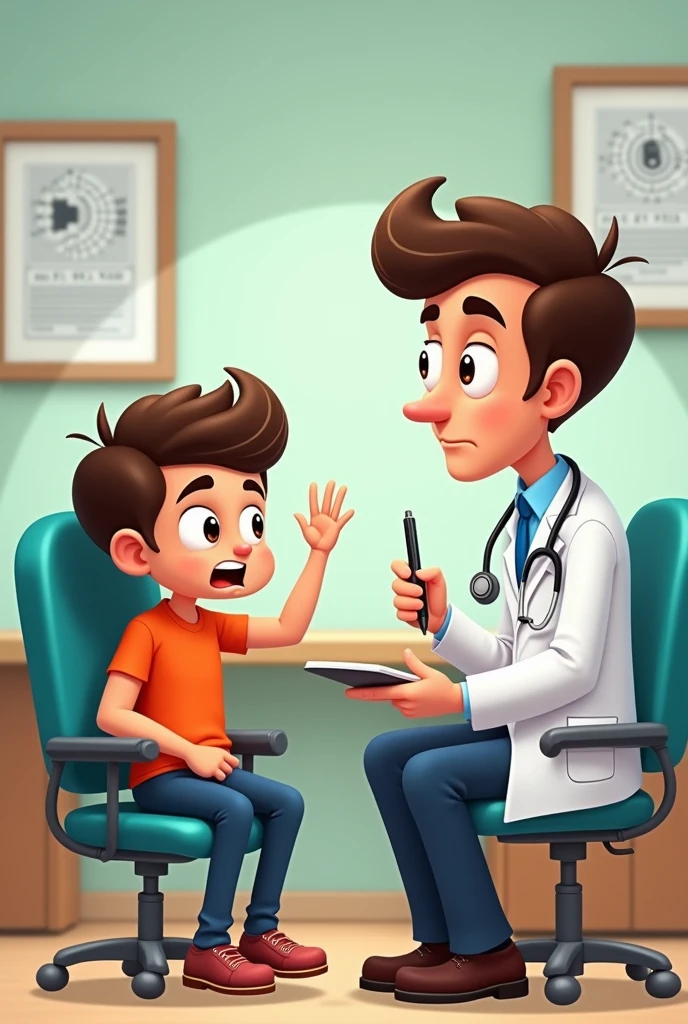 Pappu explains his problem to the doctor:

"Pappu, sitting on a chair in front of the doctor, looking concerned and animated, explaining his blurry vision problem. The doctor is listening carefully with a puzzled expression, holding a pen and a notepad, ready to take notes. The setting is light-hearted, with a typical doctor's office feel."