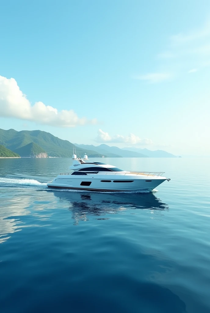 realistic photo, ocean, island in the distance, white yacht floating in the ocean