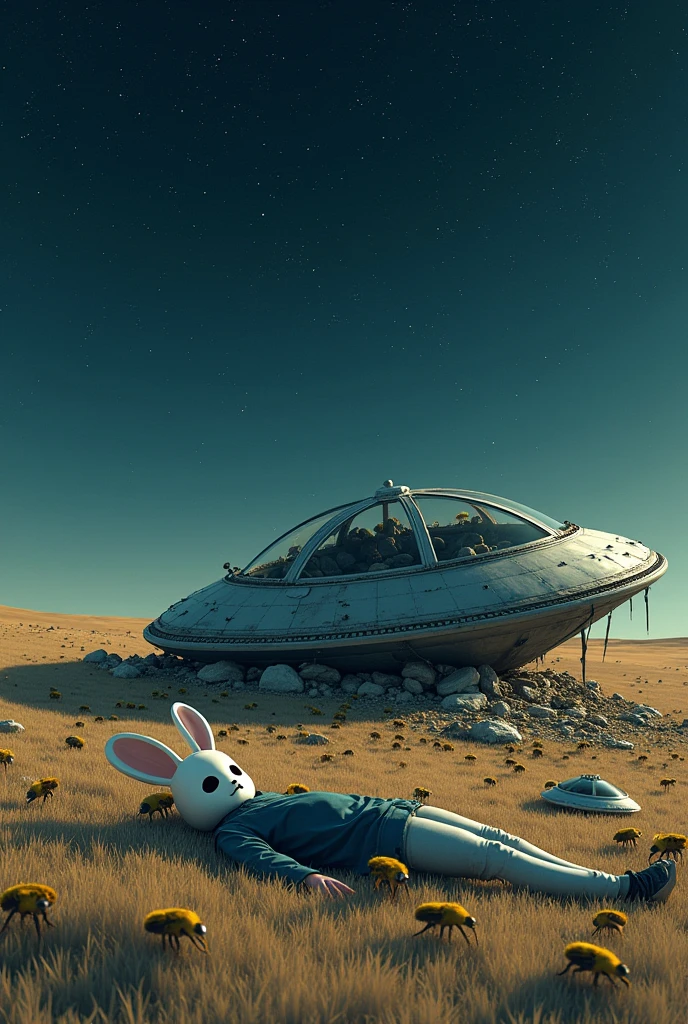 one with a rabbit mask lying on a UFO that just crashed in an open field, the UFO sank into the field ground, It's full of bees and stars in the sky. make the art pretty but still kind of scary