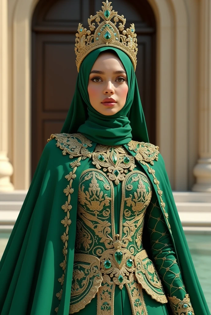 a woman with green hijab and dress in front of a building, wearing an ornate outfit, ornate dress, intricate dress, elegant corset, ornate and elegant, extravagant dress, inspired by Hedi Xandt, ornate attire, intricate outfit, ornate royal gown, ornate clothing, ornate gown, intricate and elegant, intricate detailed dress, ornate , royal dress, masterpiece, best quality:1.2),,(8k,highres,RAW photo,realistic,photo-realistic:1.3),(detailed skin texture,detailed cloth texture,beautiful detailed face:1.25),professional lighting,photon mapping,beautiful soft light,radiosity,physically-based rendering,raytracing, model shoot style, model shoot style, (extremely detailed CG unity 8k wallpaper), full shot body photo of the most beautiful artwork in the world,