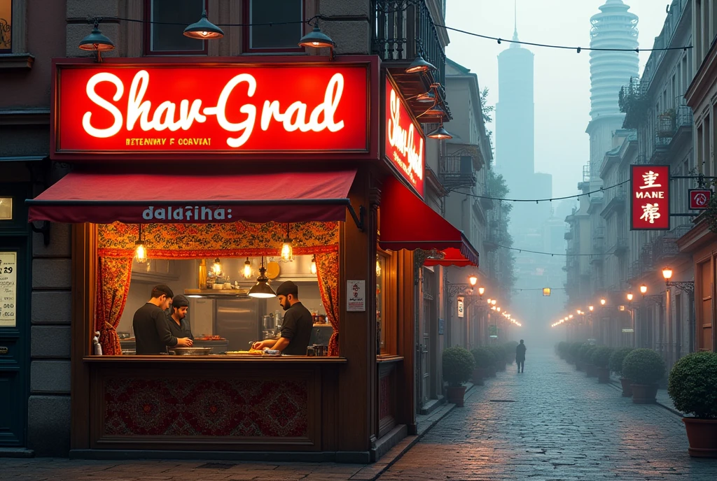 Midday, sunset, A small, cozy fast-food restaurant with a red sign written in Tajik font, text sign says "Shav-grad", located in a modern Latvian city. The restaurant's interior is filled with the aroma of spices and fresh meat. The walls are adorned with vibrant, patterned carpets, creating a warm and welcoming atmosphere. Behind the counter, two men with dark complexions, likely of Tajik or Pakistani origin, are serving food. The exterior shows a busy, modern cityscape typical of modern Latvia, with narrow streets, skyscrapers on the background, and a mix of old and modern buildings. A slight fog hangs over the area, adding to the working-class vibe of the neighborhood.