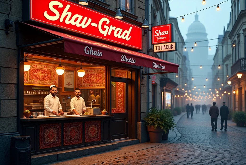 Midday, sunset, A small, cozy fast-food restaurant with a red sign written in Tajik font, text sign says "Shav-grad", located in a modern Latvian city. The restaurant's interior is filled with the aroma of spices and fresh meat. The walls are adorned with vibrant, patterned carpets, creating a warm and welcoming atmosphere. Behind the counter, two men with dark complexions, likely of Tajik or Pakistani origin, are serving food. The exterior shows a busy, modern cityscape typical of modern Latvia, with narrow streets, skyscrapers on the background, and a mix of old and modern buildings. A slight fog hangs over the area, adding to the working-class vibe of the neighborhood.