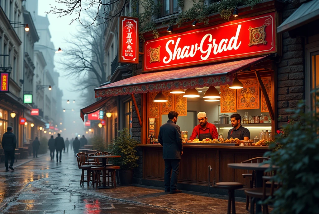 Midday, sunset, A small, cozy fast-food restaurant with a red sign written in Tajik font, text sign says "Shav-grad", located in a modern Latvian city. The restaurant's interior is filled with the aroma of spices and fresh meat. The walls are adorned with vibrant, patterned carpets, creating a warm and welcoming atmosphere. Behind the counter, two men with dark complexions, likely of Tajik or Pakistani origin, are serving food. The exterior shows a busy, modern cityscape typical of modern Latvia, with narrow streets, skyscrapers on the background, and a mix of old and modern buildings. A slight fog hangs over the area, adding to the working-class vibe of the neighborhood.