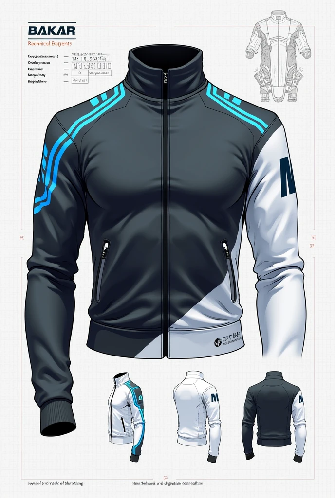 Generate a detailed technical drawing of a futuristic jacket. The jacket should feature a high collar and be mainly black, complemented by 10% blue and 15% white. The right sleeve should be fully white with blue stripes and an 'M' logo on the shoulder. Use a schematic style with a focus on clarity, displaying multiple angles (front, back, and side). Include annotations for design details, and employ a grid-based layout to emphasize the technical aspect. Avoid photorealistic elements, focusing instead on a clean, illustrative approach