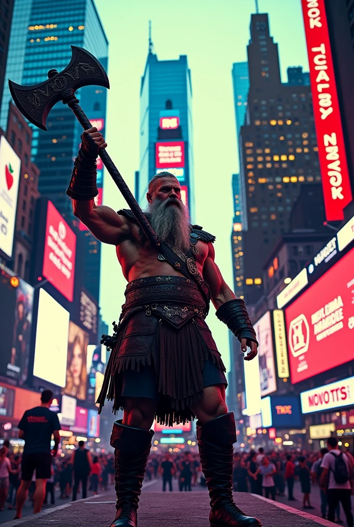 Generate a pop art style photograph of a Viking warlord holding up an axe in a monochrome long shot standing in front of Times Square, New York