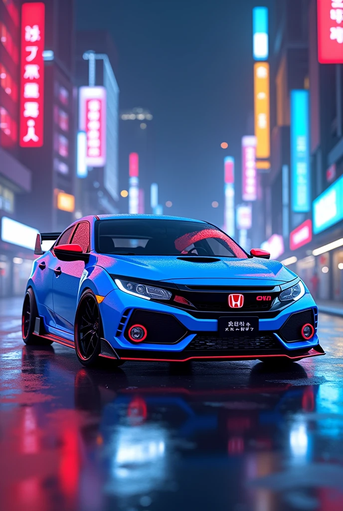 A blue Honda civic car modified has named MR BLACK THEIF in the city neon blue and red colour light