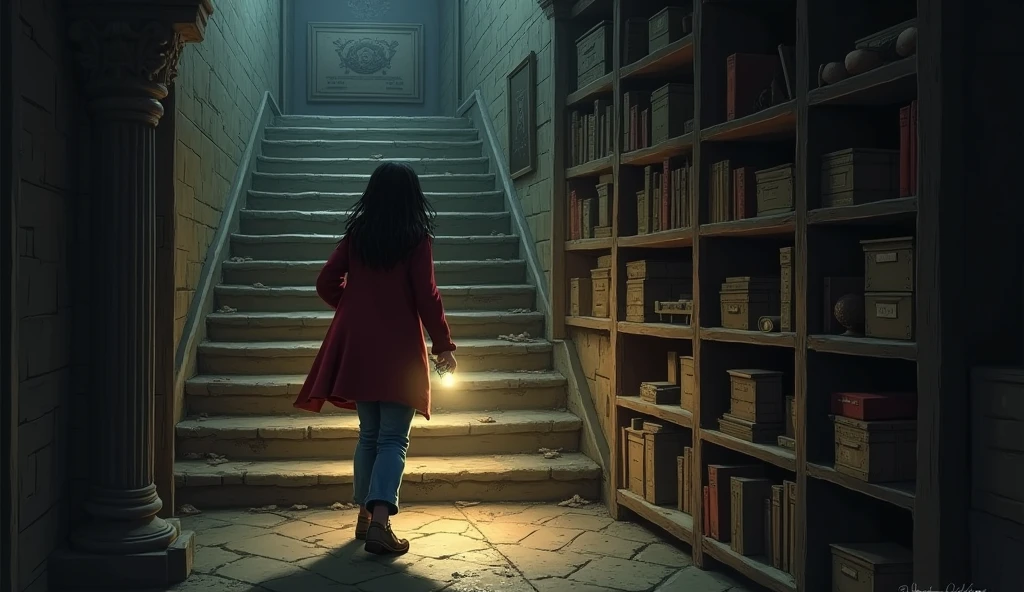 (As she explores the building, she finds a hidden staircase leading underground. She follows it down to a dark, musty basement filled with old university relics and forgotten artifacts.) maya seed is 1342503350, wearing red long shirt jacket with blue jean and holding glashlight. the stair is going underground.