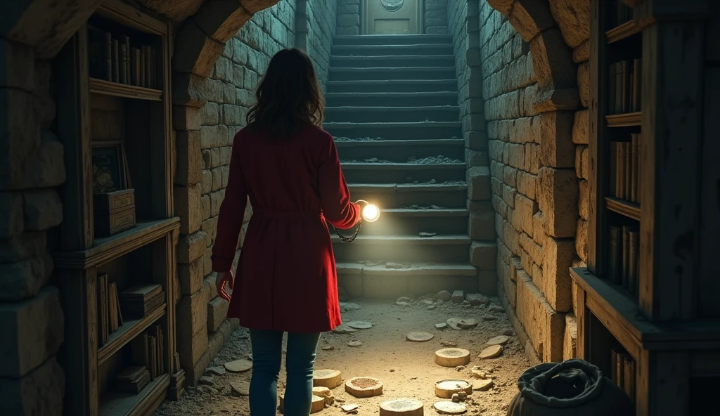 (As she explores the building, she finds a hidden staircase leading underground. She follows it down to a dark, musty basement filled with old university relics and forgotten artifacts.) maya seed is 1342503350, wearing red long shirt jacket with blue jean and holding glashlight. the stair is going underground.