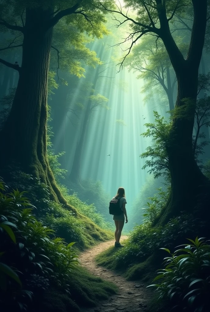 Dense Forest Path: A narrow, winding path through a dense, shadowy forest with thick foliage and dim sunlight filtering through the trees. Size 16.9 youtube size 16.9