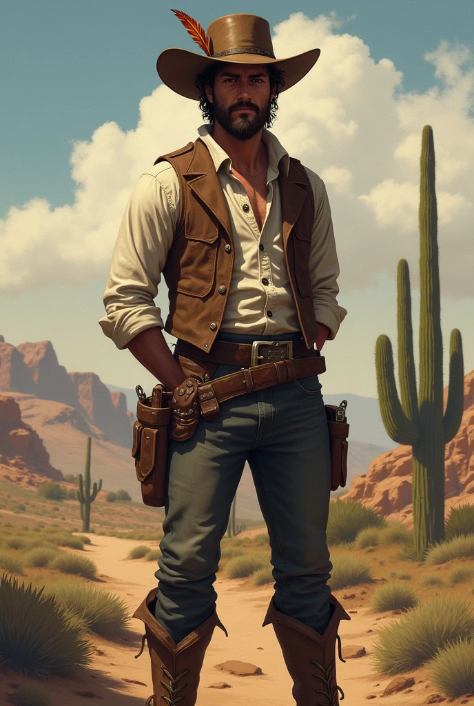He has combed brown hair and a slightly unkempt beard. His eyes are brown. Use John Marston from Red Dead Redemption as a reference, with a vest and rolled up sleeves. He wears a hat with a feather. He has both hands behind his back in a soldier pose. He is American, with a strong sense of brotherhood, and wears regular pants and boots with spurs. I would like the art to be in a fantasy RPG style, set in the Old West.