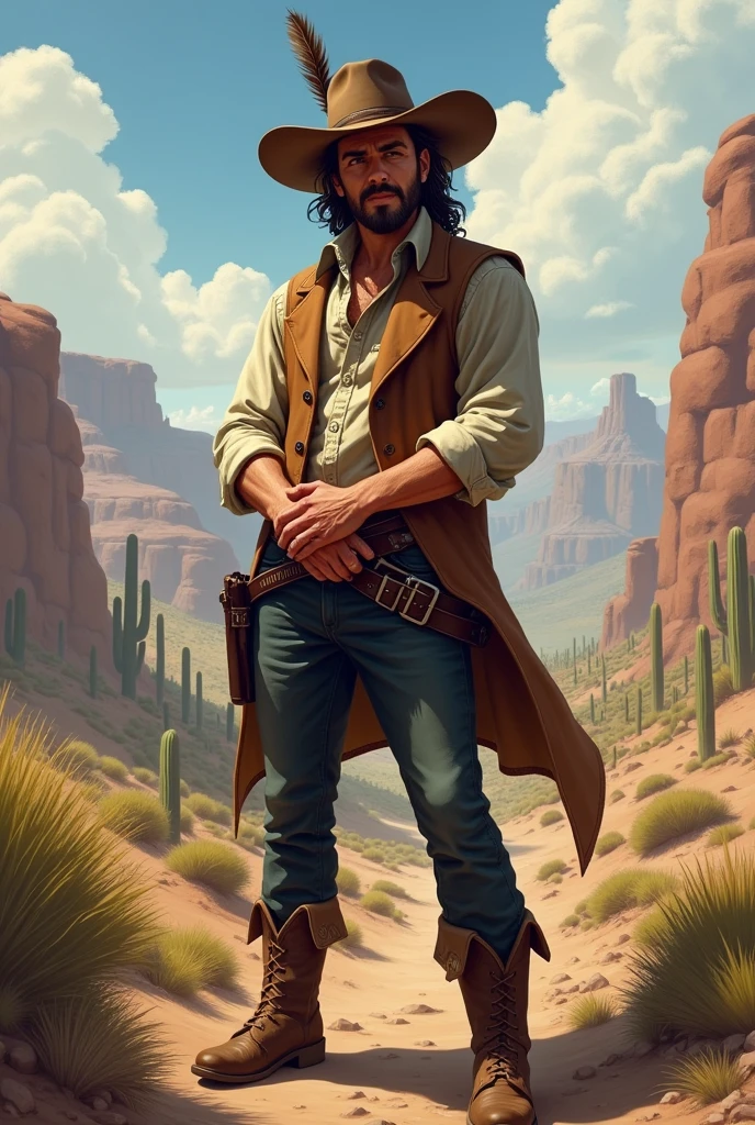 He has combed brown hair and a slightly unkempt beard. His eyes are brown. Use John Marston from Red Dead Redemption as a reference, with a vest and rolled up sleeves. He wears a hat with a feather. He has both hands behind his back in a soldier pose. He is American, with a strong sense of brotherhood, and wears regular pants and boots with spurs. I would like the art to be in a fantasy RPG style, set in the Old West.