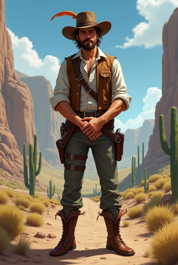 He has combed brown hair and a slightly unkempt beard. His eyes are brown. Use John Marston from Red Dead Redemption as a reference, with a vest and rolled up sleeves. He wears a hat with a feather. He has both hands behind his back in a soldier pose. He is American, with a strong sense of brotherhood, and wears regular pants and boots with spurs. I would like the art to be in a fantasy RPG style, set in the Old West.