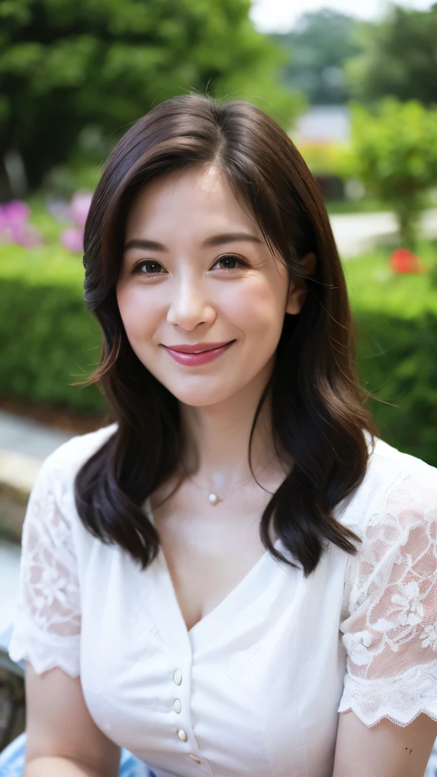 最high quality, In 8K, Masseter region, Real, Sharp focus, high quality, High resolution, Detailed face, Detailed eyes, Thick lips, Background Blur, alone, Middle-aged women, , 5, , Wavy Hair, Cleavage, Wearing a plain short-sleeved knit, Afternoon in front of the park garden, Wrinkles around the eyes, Smiling with teeth showing