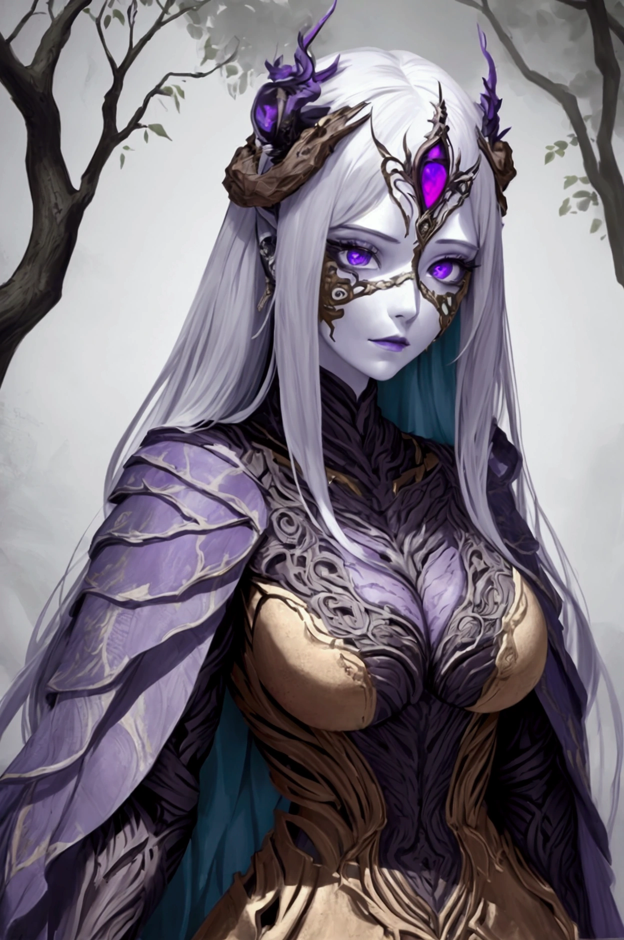 A humanoid woman with a body made entirely of tree branches. She wears a stone mask on her face, and her eyes are purple. Her entire body is visible. DND style art