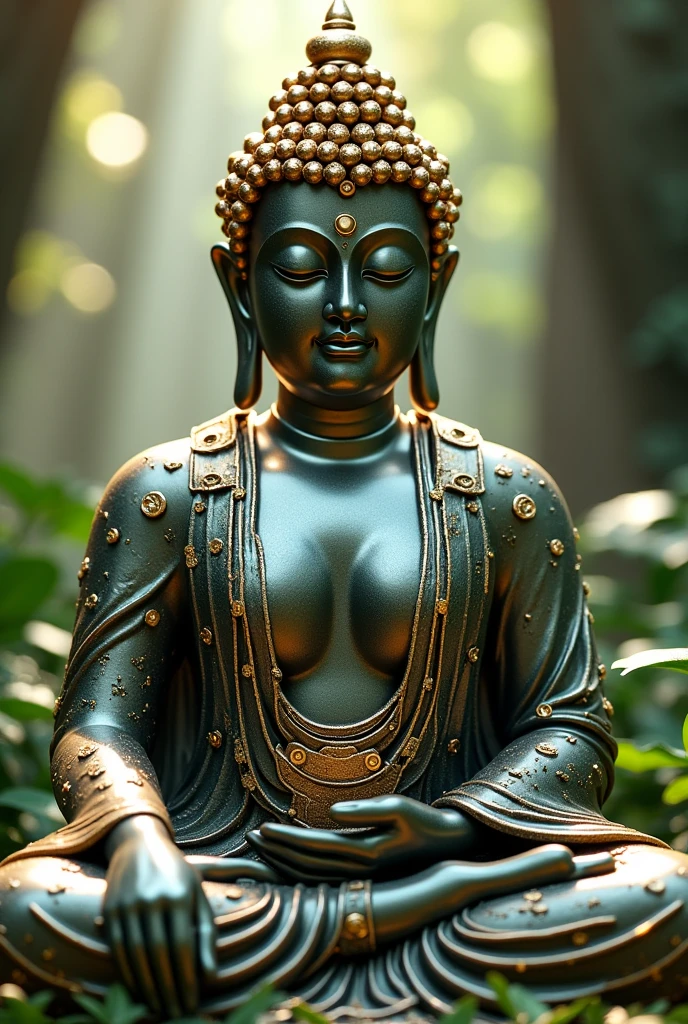 cyber buddha statue with visible circuits, highly detailed, hyper realistic, intricate details, glass, shiny, reflective, glowing aura, dramatic lighting, cinematic composition, serene expression, peaceful meditation pose, ornate decorations, gold accents, natural environment, lush foliage, sunbeams, photorealistic, 8k, masterpiece, cs-m3tal-ok_v06-1000