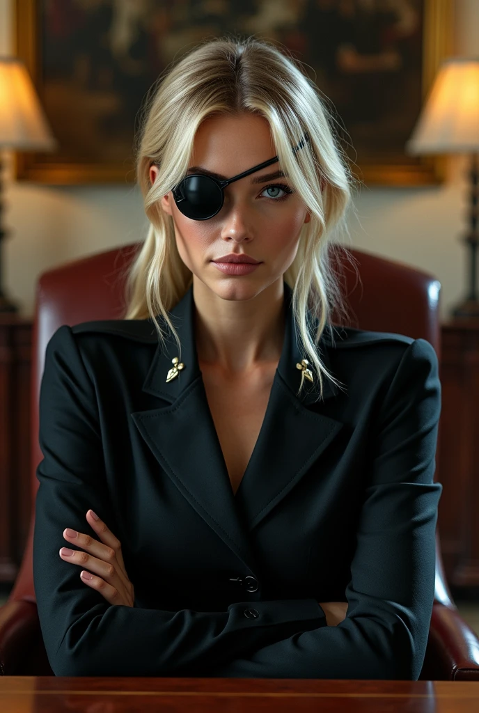 (best quality, photorealistic, ultra detailed) A thirty-year-old woman in a presidential room, she is sitting behind a wooden table on a chair, she is wearing black military clothing, has blonde hair, blue eyes, wears a black eye patch, closeup portrait