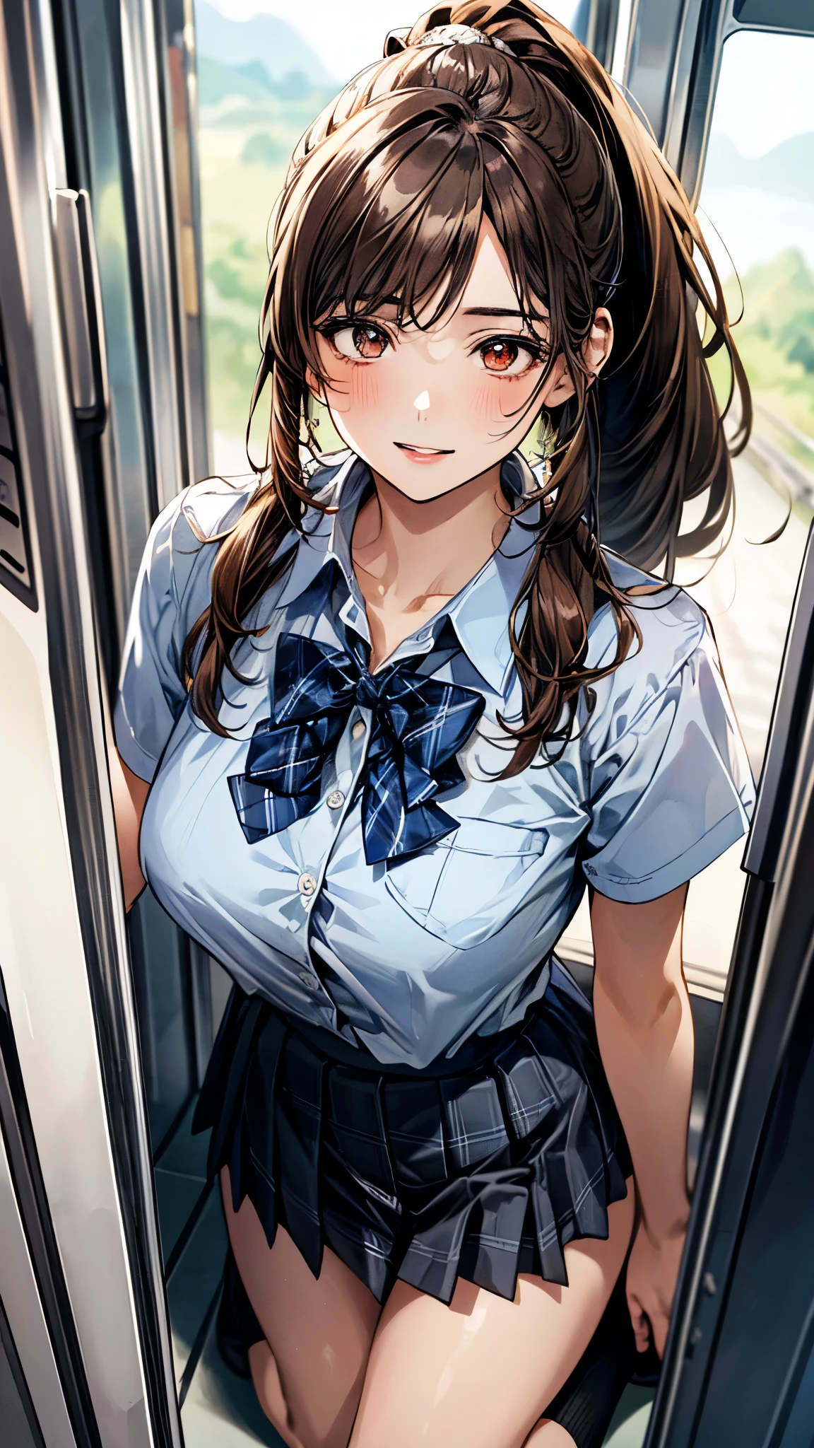 (masterpiece:1.3, top-quality, ultra high res, ultra detailed), (realistic, photorealistic:1.3), beautiful illustration, perfect lighting, natural lighting, colorful, depth of fields, surrealism,
beautiful detailed hair, beautiful detailed face, beautiful detailed eyes, beautiful clavicle, beautiful body, beautiful chest, beautiful thigh, beautiful legs, beautiful fingers, shiny skin, babyface,
looking at viewer, selfie, 1 girl, high school girl, (perfect anatomy, anatomically correct, super detailed skin), cute and symmetrical face, perfect face, perfect eyes,
(long hair, ponytail, wavy hair, chestnut hair), asymmetrical bangs, gold eyes, big eyes, drooping eyes, long eyelashes, (large breasts:1.5, seductive thighs), glamorous, outstanding style,
(detailed cloth texture, break light blue collared shirt, break light grey plaid pleated skirt, break navy blue plaid bow tie), navy socks, black loafer,
(beautiful scenery), summer, evening, (on the train:1.1), kneeling, (lovely smile, upper eyes, parted lips),