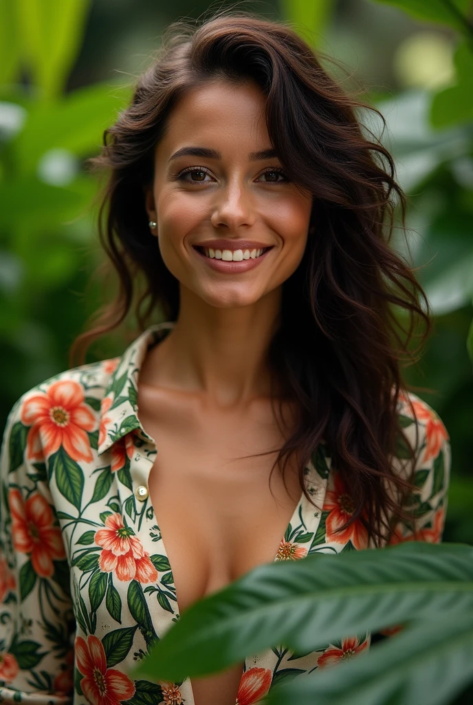 A Brazilian woman in a lush tropical garden, wearing an open shirt with a floral print, with a close-up capturing the harmonious beauty between her breasts and the natural flowers, showing off your natural charm and outgoing personality.