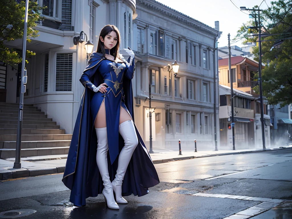 South korea asssassin's creed walk women mystery hooded on with modern royal Blue coat with buttons and royal Blue cape and very high white heel over the knee and white gloves, As she reveals a small secret hidden blade, adding to the characters mysterious, with small movements of air on the cape, in summer at night under the rain, with buildings featuring curved eaves and detailed architecture. sophisticated and highly detailed, ultra hd, realistic, hyper detailed, enhanced colours, ultra sharp focus, with vibrant, rich in details High quality, gorgeous, captivating, 8k, super detailed, stunning shadows, detailed lines, blood stain on clothes and walls, corpses in the street recently murdered