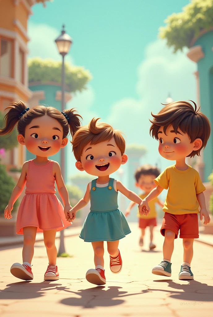 Create images of five children walking or dancing but separated and sideways