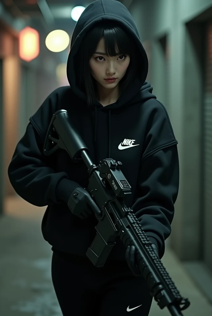 Une brune coréenne aux yeux bridés portant un sweat-shirt a capuche noir Nike et un pantalon noir Nike assorti, un tueur avec des gants noirs et une mitrailleuse légère 