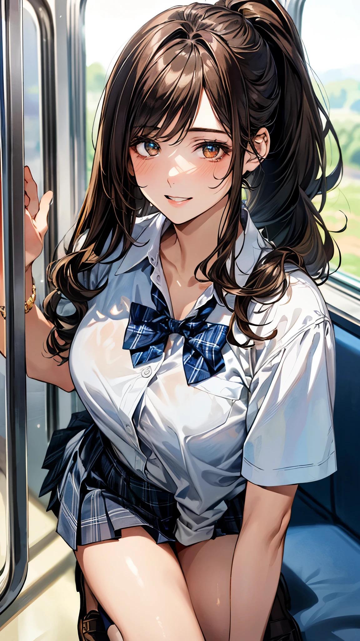 (masterpiece:1.3, top-quality, ultra high res, ultra detailed), (realistic, photorealistic:1.3), beautiful illustration, perfect lighting, natural lighting, colorful, depth of fields, surrealism,
beautiful detailed hair, beautiful detailed face, beautiful detailed eyes, beautiful clavicle, beautiful body, beautiful chest, beautiful thigh, beautiful legs, beautiful fingers, shiny skin, babyface,
looking at viewer, selfie, 1 girl, high school girl, (perfect anatomy, anatomically correct, super detailed skin), cute and symmetrical face, perfect face, perfect eyes,
(long hair, ponytail, wavy hair, chestnut hair), asymmetrical bangs, gold eyes, big eyes, drooping eyes, long eyelashes, (large breasts:1.5, seductive thighs), glamorous, outstanding style,
(detailed cloth texture, break light blue collared shirt, break light grey plaid pleated skirt, break navy blue plaid bow tie), navy socks, black loafer,
(beautiful scenery), summer, evening, (on the train:1.1), kneeling, (lovely smile, upper eyes, parted lips),