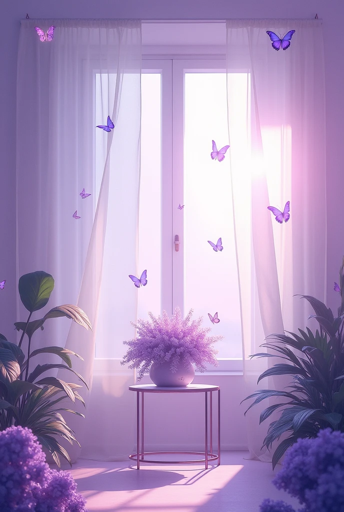 It depicts the interior of a room bathed in soft purple light.。Curtains fluttering from the window、There are many butterflies fluttering there。In the room、There was a table with a purple bouquet on it.、There are plants around。Pastel purple overall