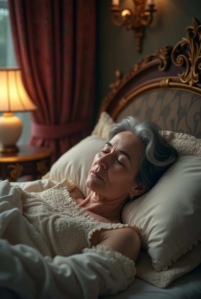 An elderly lady with slightly graying black hair, sleeping in a luxurious room
